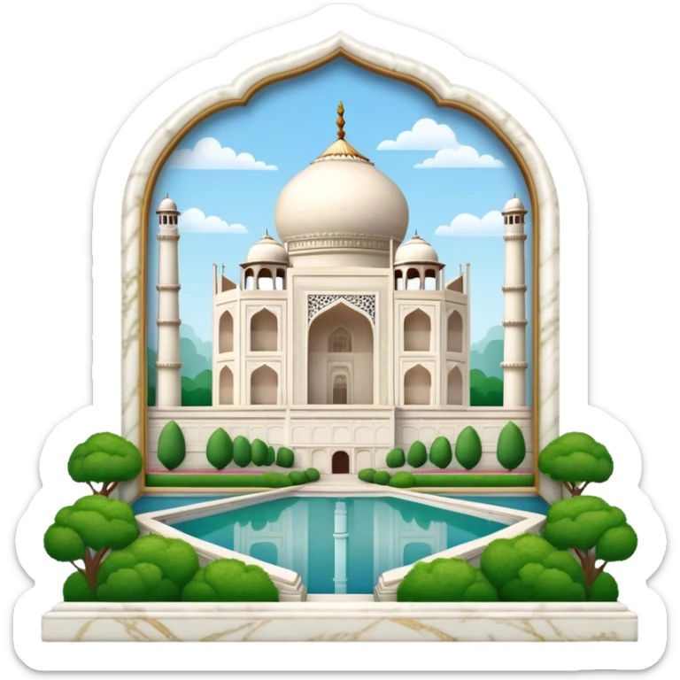 Cinematic Realistic Taj Mahal Landmark Emoji, depicted as the iconic marble mausoleum set amidst lush gardens rendered with intricate detail and ethereal, soft lighting. sticker