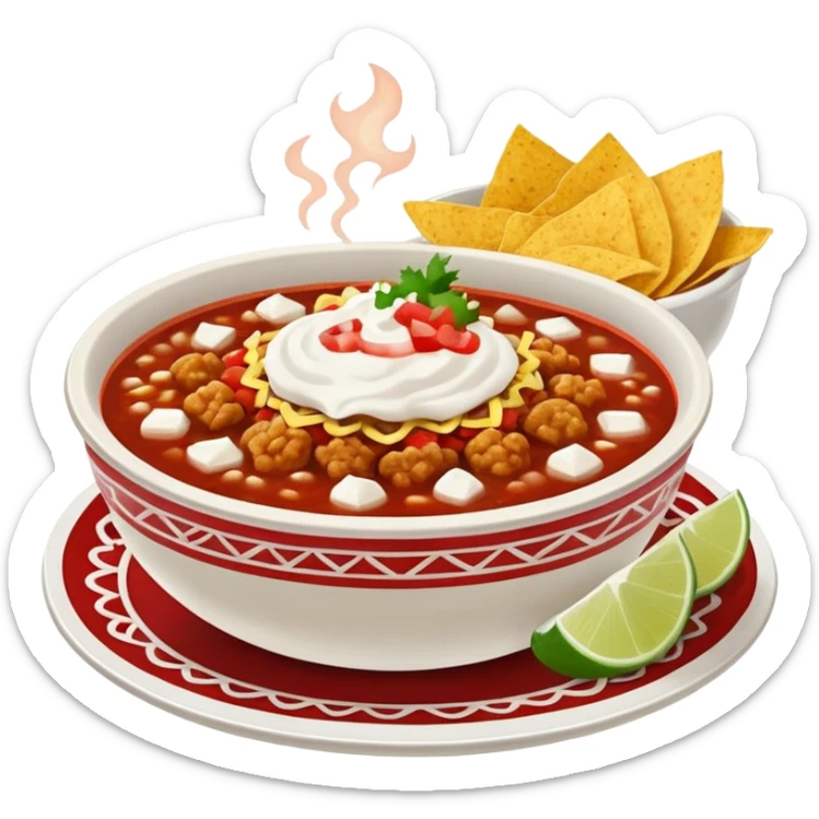 a hot bowl of pozole with a side of tostada with sour cream and red salsa sticker