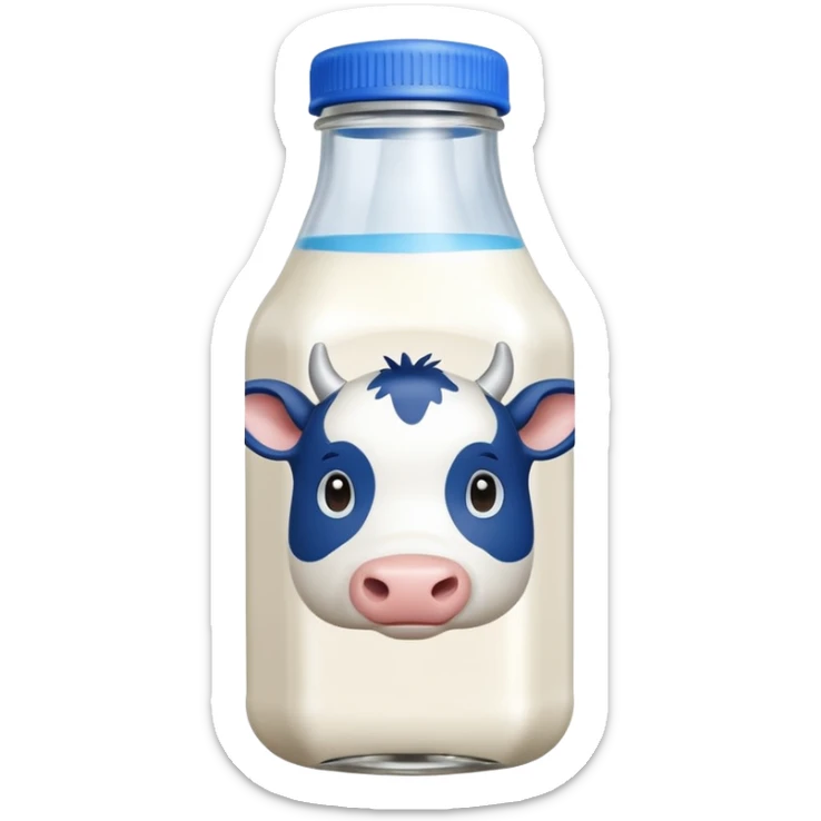 A 3D cartoon glass bottle of cow’s milk — white liquid, blue cap, clear reflections, Memoji-style rendering. sticker
