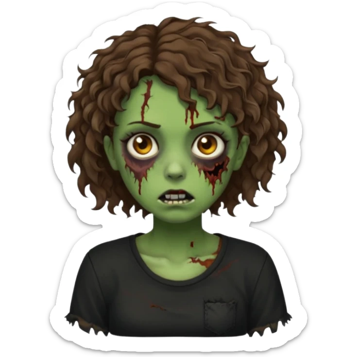 Zombie girl emoji verde com cabelo curto cacheado castanho com uma blusa preta sticker