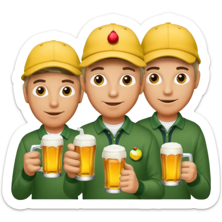 16 men on a golf trip wearing yellow golf caps all holding a beer can with a Xmas style label sticker