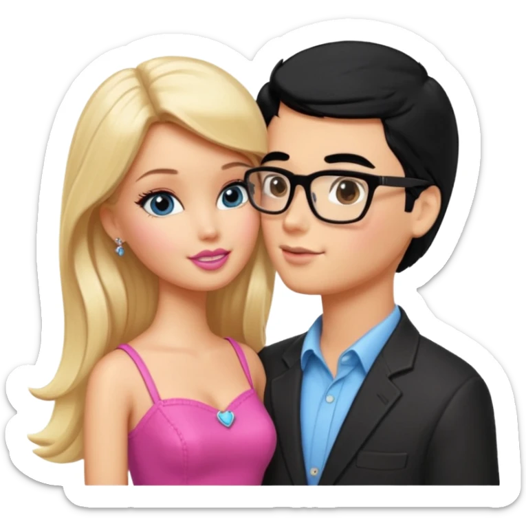 pretty blonde girl barbie kissing nerd with black hair and tan skin on the cheek sticker