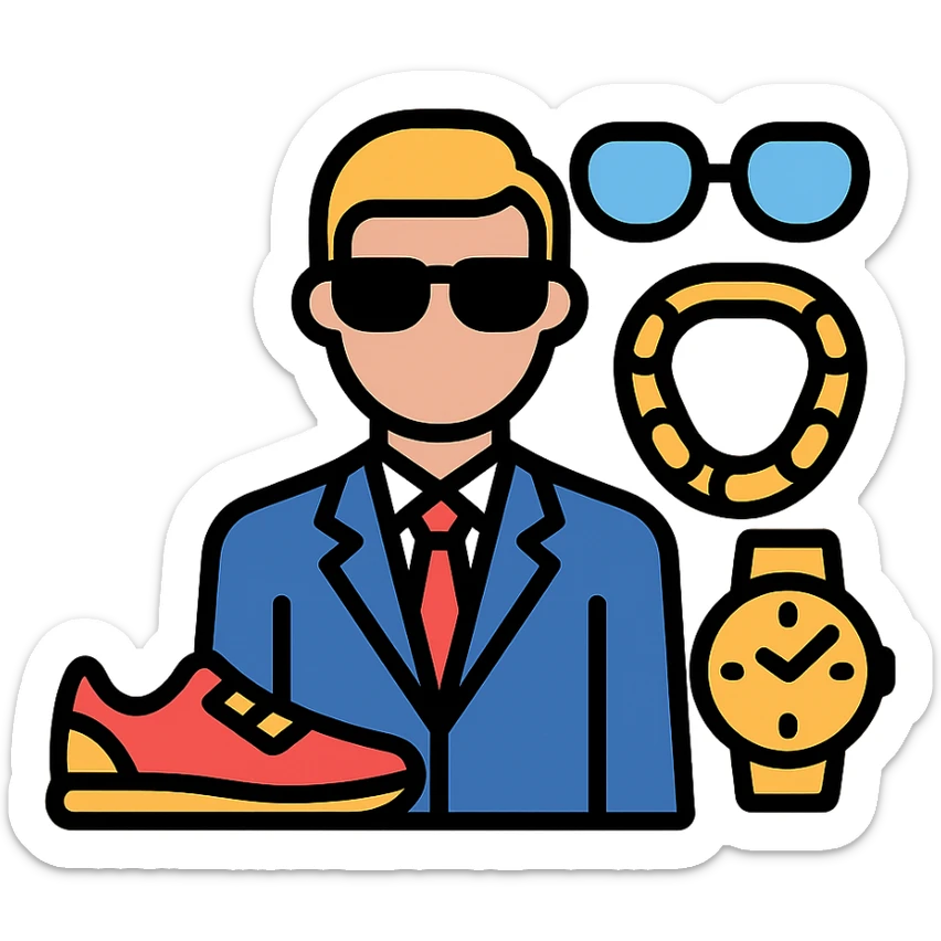 A stylish leader standing among luxury items: designer shoes, glasses, gold chains, and watches, clean minimal vector style sticker