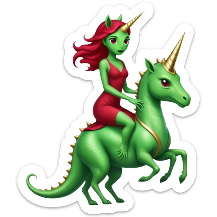 "reptilian green alien woman" in "long slim dark red dress", rides, "unicorn gold and white"
 sticker