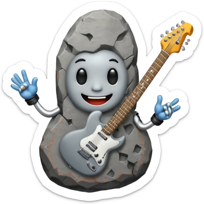 a rock with a happy face that is holding up a rock and roll hand and an electric guitar sticker