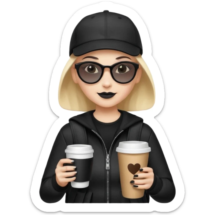 ["A happy woman with light skin, bald, wearing a baseball cap and sunglasses, dressed in goth fashion, is drinking coffee while holding a backpack."] sticker