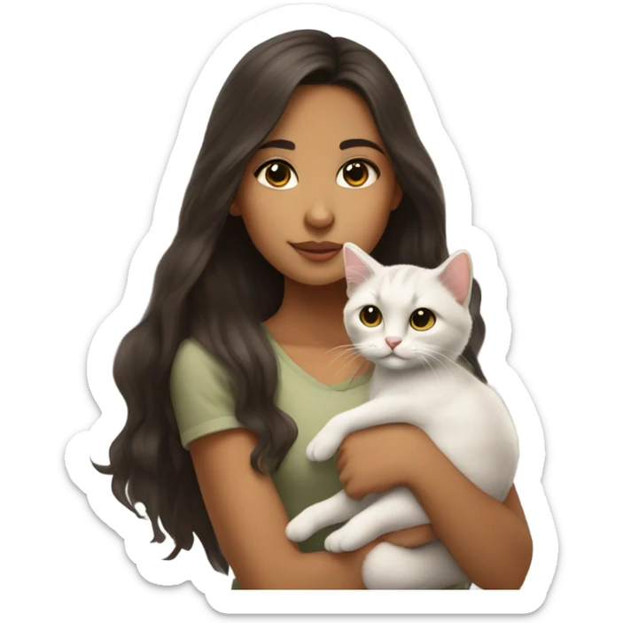 Eurasian girl with dark brown hair neutral tan olive skin long brown hair and brown eyes holding a kitten sticker