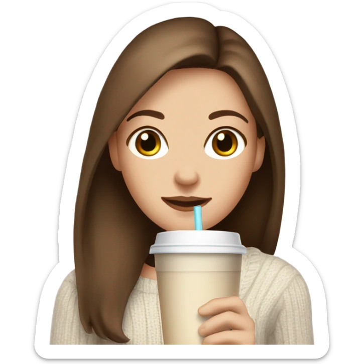 Beautiful white woman mom, long straight brown hair, brown eyes, cozy holding an iced coffee, white sweater sticker