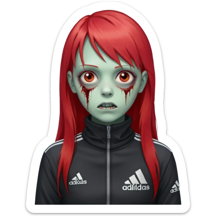 Crie um emoji de uma menina zumbi  com o cabelo vermelho longo com uma franja reta casaco de gola alta da adidas sticker