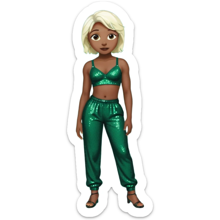 Cynthia Erivo with platinum blonde hair, dark sequin bra, dark green sequin baggy pants  sticker
