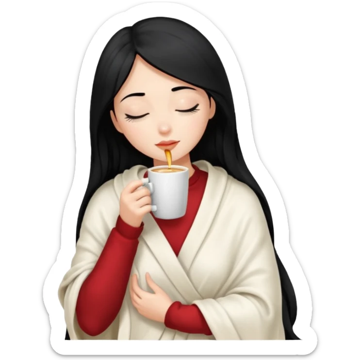 black hair girl long hair inside a white milky satin blanket sipping coffee eyes closed  sticker