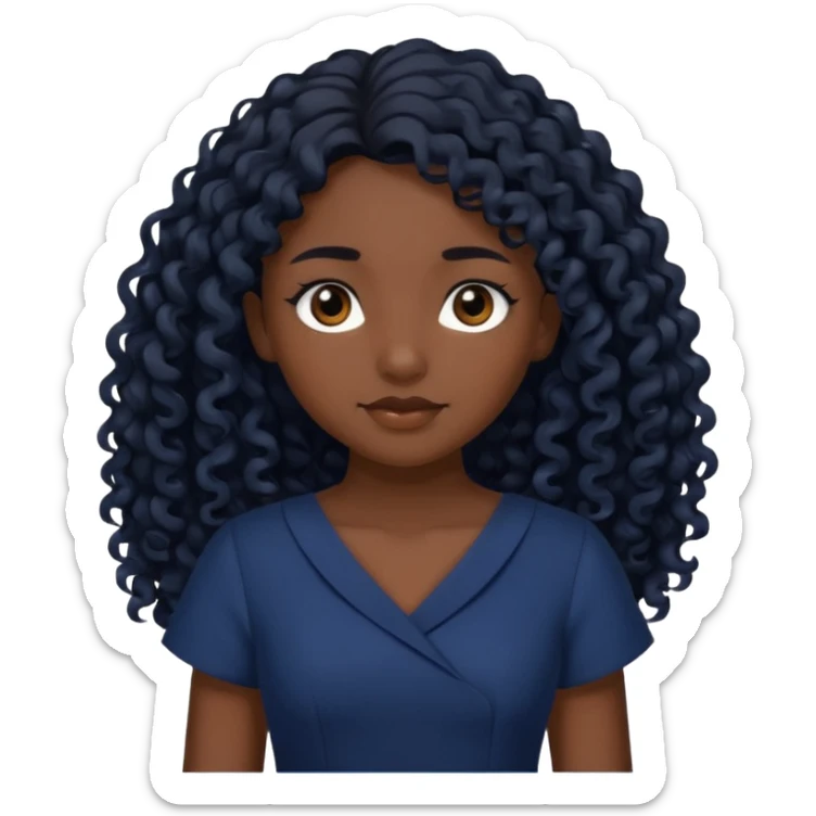 A girl with dark brown eyes Long curly black hair, slightly lighter than brownish black Navy blue dress sticker
