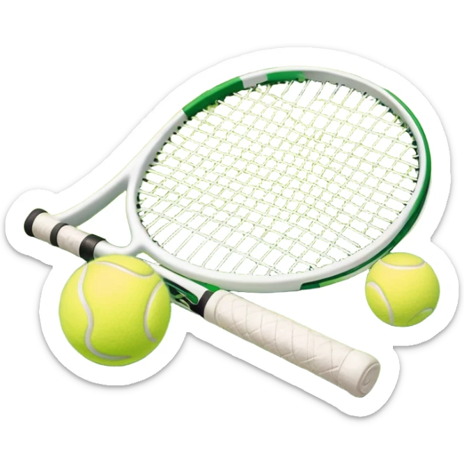 A tennis racket and a ball placed on a grassy court, with the net visible in the background. The scene captures the elegance and energy of the sport, with a vibrant green court and soft sunlight highlighting the equipment. sticker