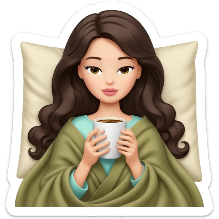 Barbie girl with a long wavy dark brown hair inside a pale olive blanket sipping coffee eyes closed sticker