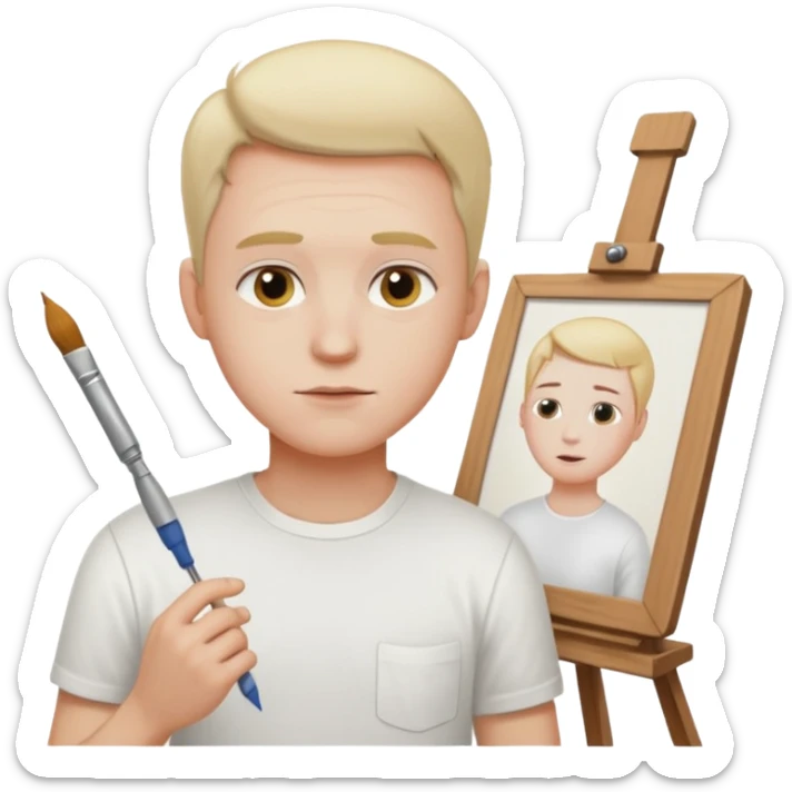 the white artist stands with his back to the painting, painting a portrait sticker