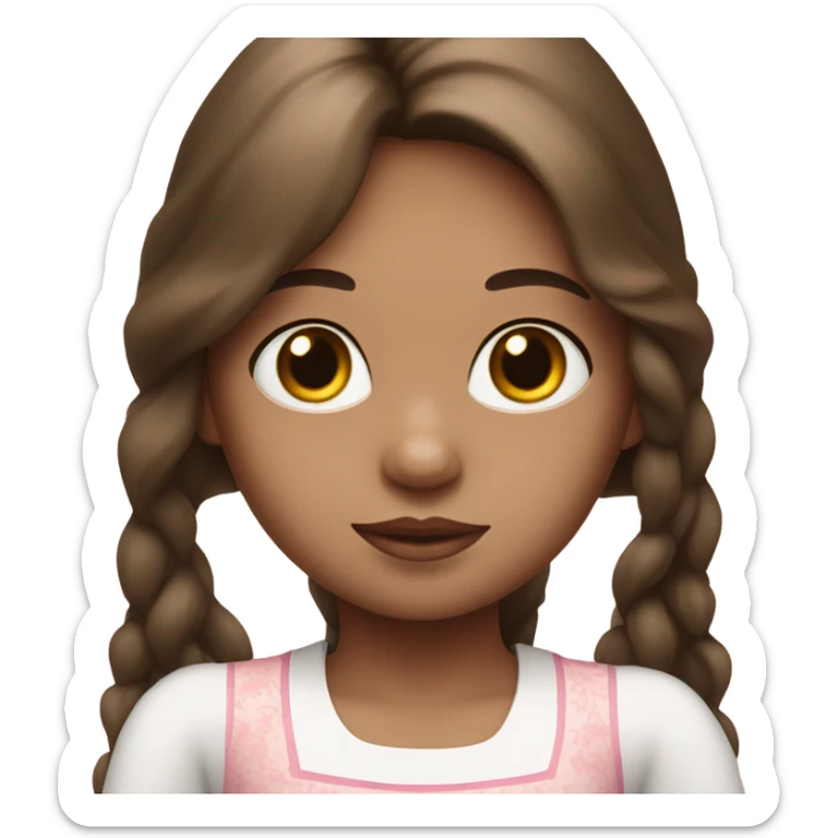 Little Girl with White skin, black eyes. Long brown hair with. She is wearing a pink and White dress sticker