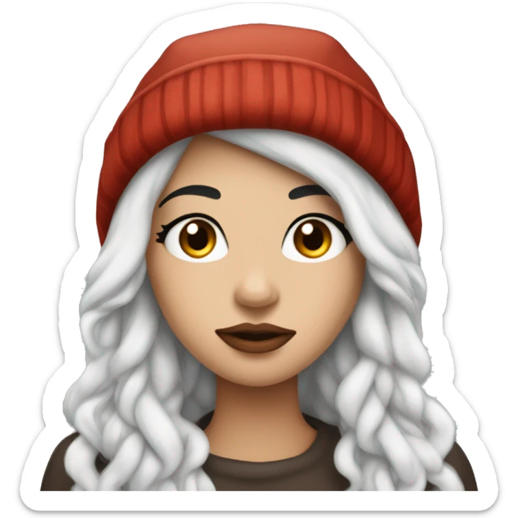 beautiful girl with long flowy black hair and pouty reddish lips wearing winter hat sticker