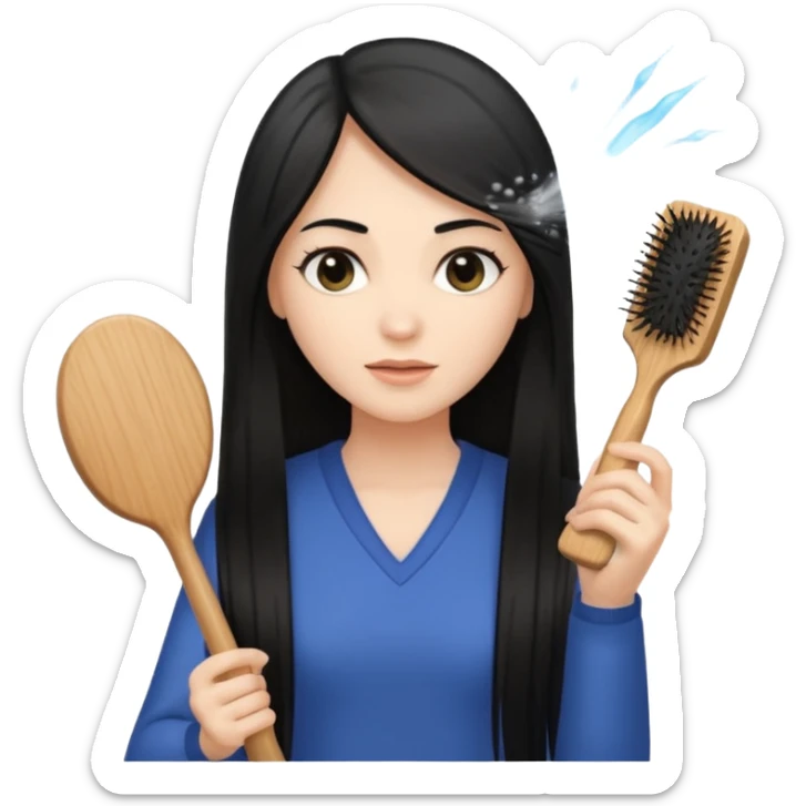 A white woman with long, straight black hair, holding a wooden paddle hairbrush in her left hand and spraying a hair mist bottle with her right hand toward her hair. sticker