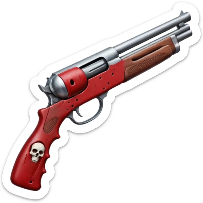 Hands on a bloody shotgun pointed out to shoot from the cameras perspective. In the style of your bloody skull art work sticker