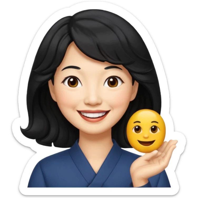 60 yr old asian woman, wavy thick black hair, side part, side swept bang, big smile sticker