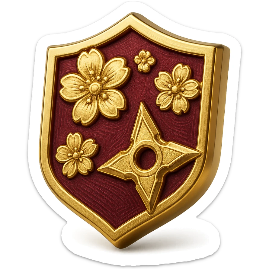 Japanese style badge in grandmaster color (deep purple/red with gold accents), traditional crest shape, sakura (cherry blossom) accents, chibi/anime-inspired playful vibe, ninja star accent, no text, sized for Twitch or Discord use, transparent background. sticker
