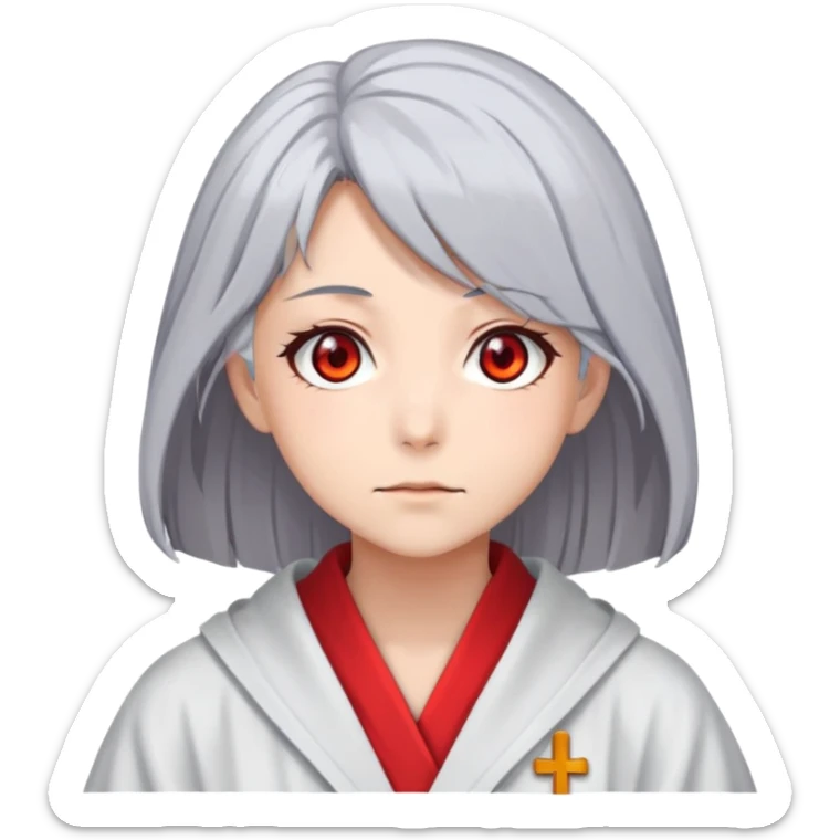 Anime girl with gray hair, red eyes and psychiatric robe sticker