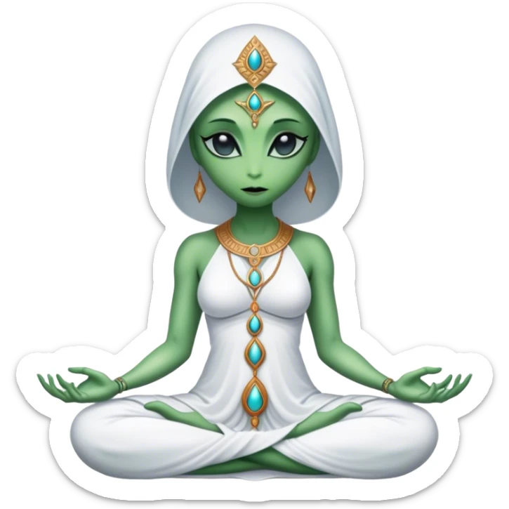 a Reptilian alien woman,in meditation, white dress like a priestess sticker