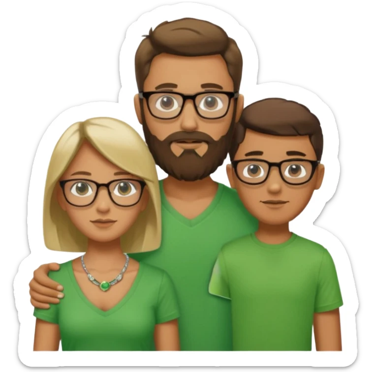 A family consisting of a man who's bearded, tanned, wearing glasses, a woman, slightly tanned, and a 14 year old teenage boy, slightly tanned, wearing a green t-shirt sticker