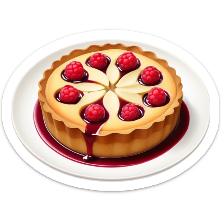 part de clafoutis pommes pires surmonté de coulis de fruits rouges et de miettes de pain d'épices. La part est contenue dans une petite assiette bordeaux sticker