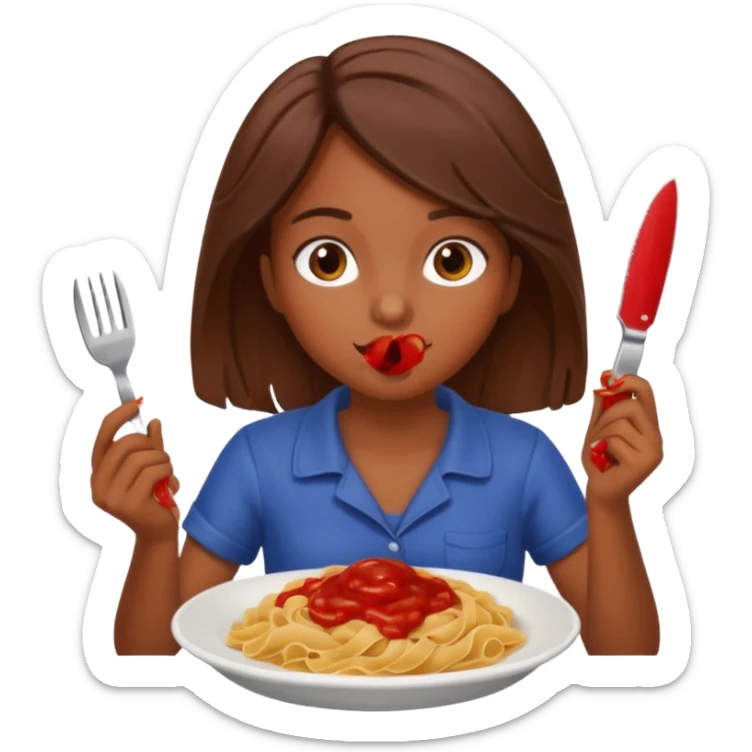 Brown skin Weird girl with brown hair eating pasta holding ketchup and a knife  sticker