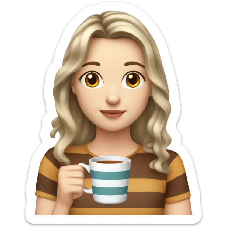 White girl Girl in her 20's, bangs, wavy hair, ash colored hair, a striped shirt drinking tea sticker