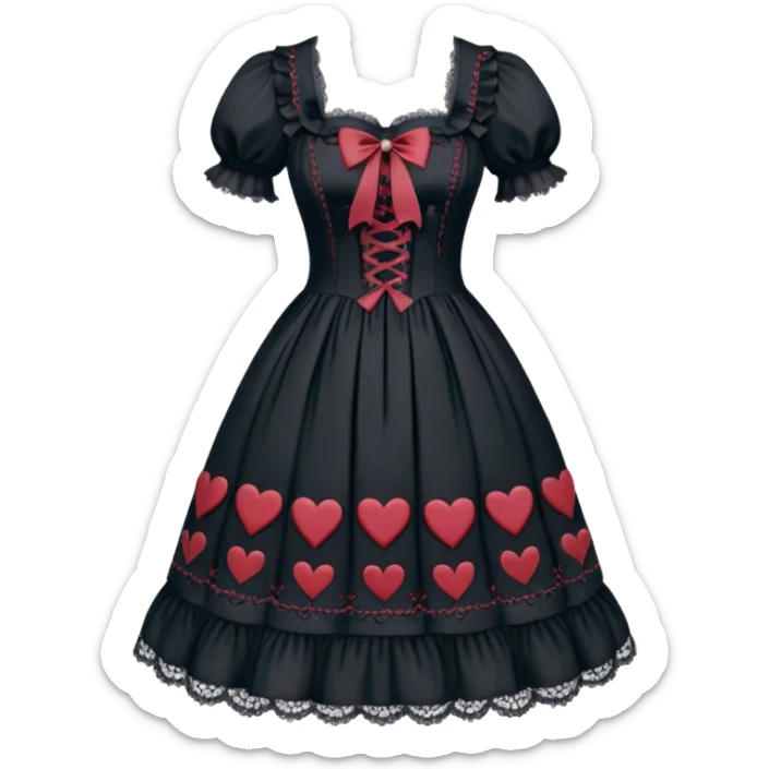 A beautiful Lolita dress with laces, cross-stitches, dark gothic color palette theme, strings, heart patterns textile, beautiful, aesthetic clothing sticker