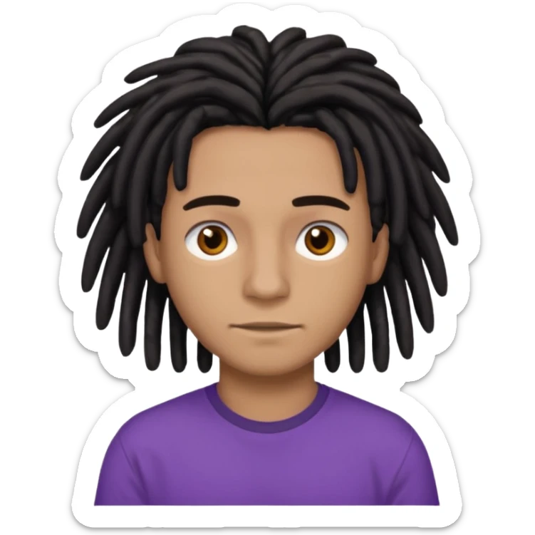 brown teen with black dreads in a middle part with brown eyes and a small faint mustache and purple shirt sticker