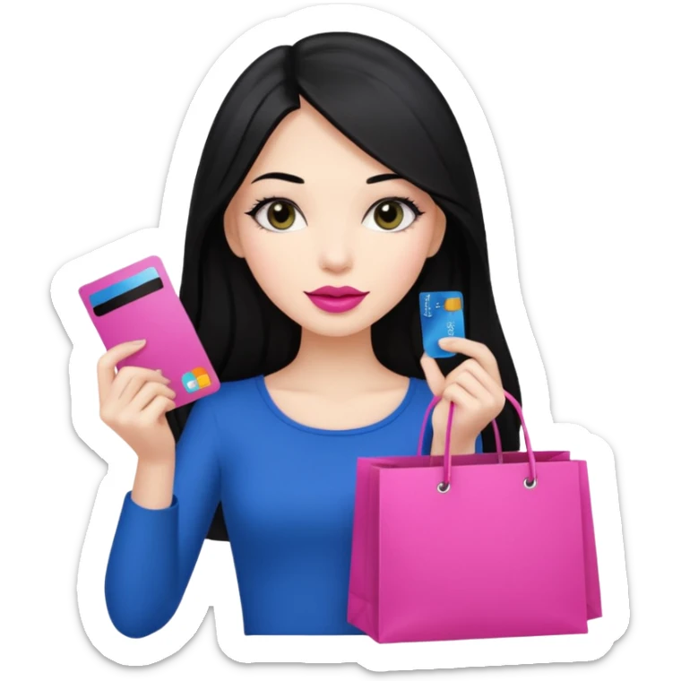Girl with long black hair and pink lipstick holding shopping bags and credit card sticker
