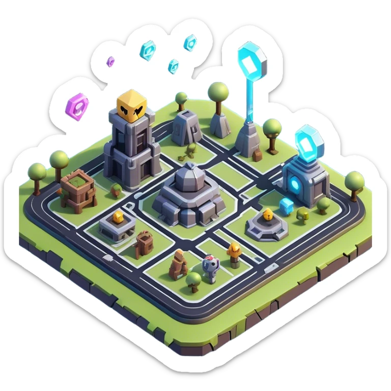 Clash of Clans aesthetic: Cinematic Playful 3D Isometric Holographic Map Emoji, rendered in a 3D vector-style similar to standard emojis with minimal shading and bold, simplified shapes. A compact, distinct form with signature details, softly glowing with a futuristic sci-fi warfare charm. Simplified yet unmistakably iconic, highly detailed and consistent, glowing with a soft radiance and high shine. Stylized with a touch of high-tech brilliance and a soft glowing outline, capturing the essence of a beloved gaming relic with a friendly, playful manner! sticker
