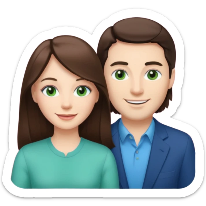 pink polaroid photo of a couple thats white with long brunette hair blue eyes and a white guy with short brunette hair and green eyes sticker