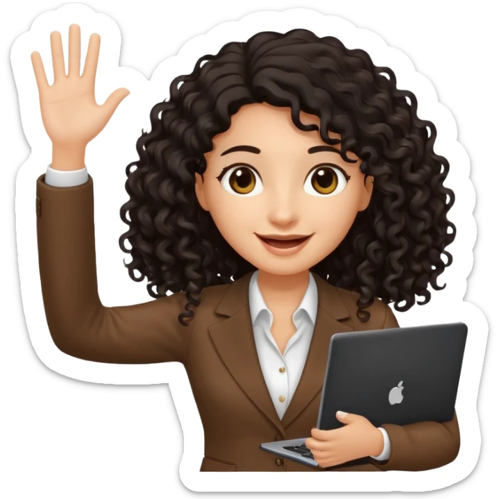 medium deep tan brown business woman with long black curly hair, waving hand with happy face and holding a laptop sticker
