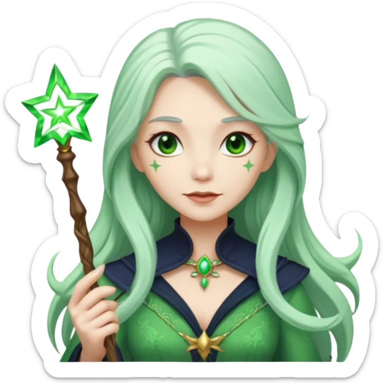 Woman with green skin color with white color long hair and carrying a magic wand sticker