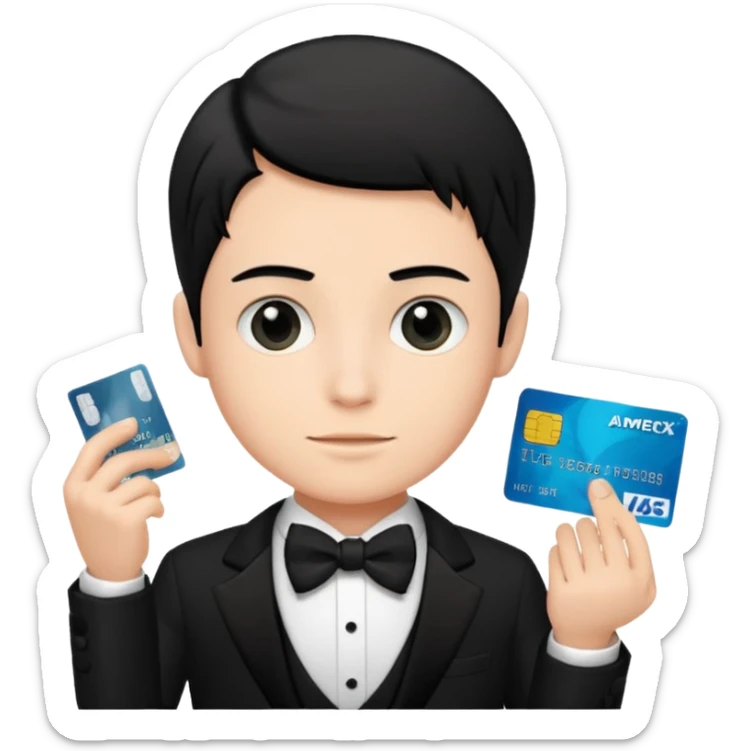 make a genmoji of a boy with a an amex card in hand and wearing a tux, black hair sticker
