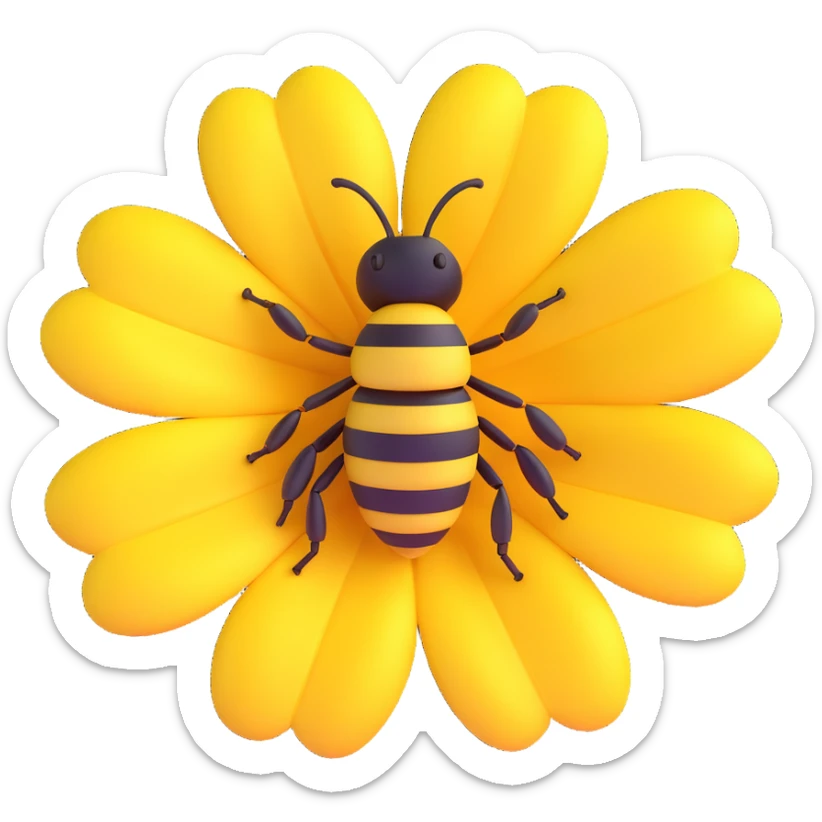 Redraw this close-up photo of a large yellow flower with a bee in the center in a volumetric 3D iOS cartoon style: bright colors, cartoonish shapes, clean modern background, emphasis on volume and light-shadow play. sticker