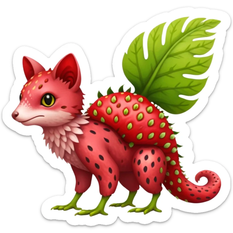 Feral Rare Fantasy vibrant tropical strawberry-colors-themed, red and sanguine, and lime-collred Vernid-Trico-species-creature by LiLaiRa, random markings, tufted tail, tufted ears, full body sticker
