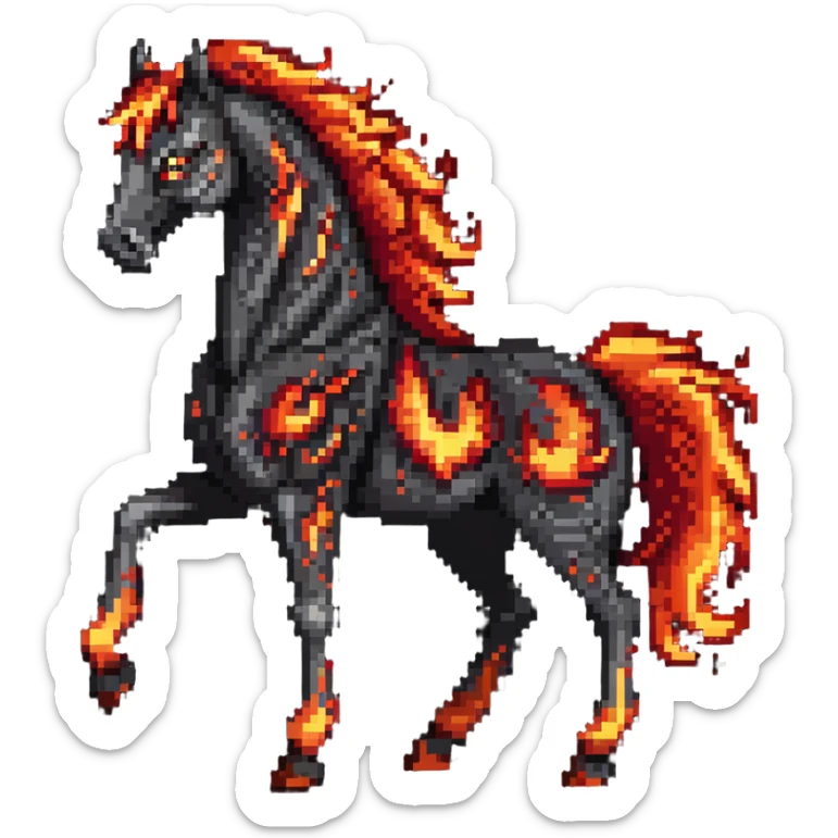 A red fire horse made of embers and magma, with visible lava flowing through its body, flames burning off its mane and tail, and ash particles surrounding it sticker
