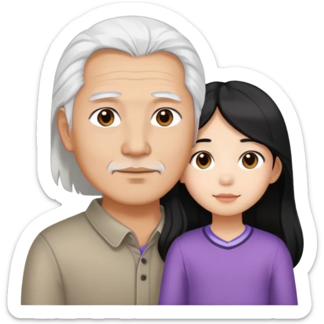 Asian dad, brown eyes, white hair, tan with Asian daughter long black hair sticker