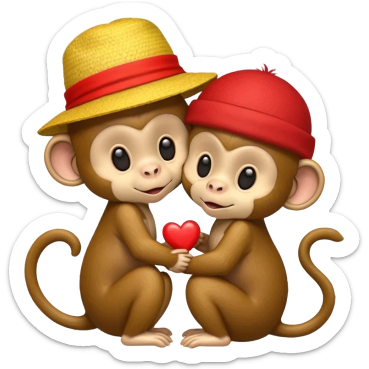 two cartoon monkeys hugging and kissing. The larger monkey is wearing a yellow straw hat like Luffy’s from One Piece. The smaller monkey is wearing a solid red headband. A small red heart floats between them to express affection. sticker