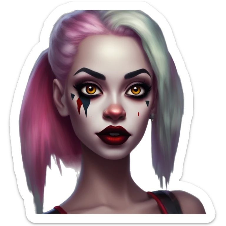 Night Elf Rihanna in Harley Quinn style, oil paint, mysterious eyes, intricate lips, masterpiece portrait, odd perspective, beautiful, desirable, logical sticker