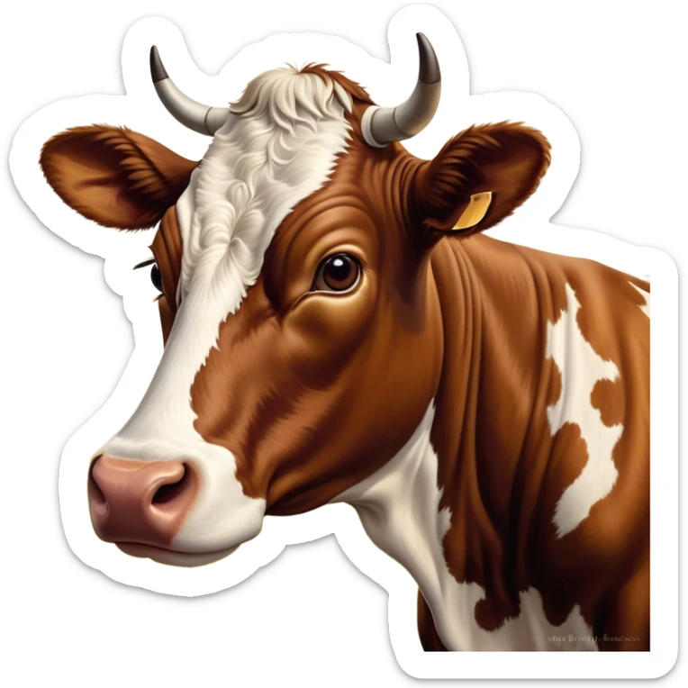 Cinematic Noble Brown and White Cow Portrait Emoji, Poised and regal, with a large, sturdy build and a beautifully patterned hide of rich brown accented by crisp white patches, deep-set soulful brown eyes, Simplified yet sharp and sophisticated features, highly detailed, glowing with a soft, dignified glow, high shine, intelligent and calm, stylized with an air of pastoral majesty, focused and attentive, soft glowing outline, capturing the essence of a watchful and confident bovine guardian, so majestic it feels as though it could amble out of the screen with effortless authority! sticker