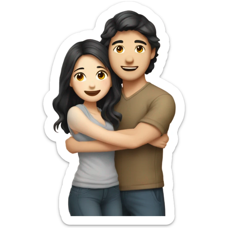 A cute and very happy Asian couple hugging each other very tight. The girl has long dark wavy hair and pale skin and dark hazel eyes, the Man has short dark straight hair and bright amber eyes and is pale sticker