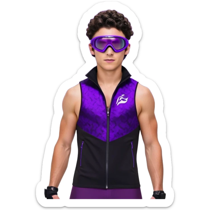 male athlete with white skin and moderately curly dark brown hair on top with shaved sides, wearing ski goggles with purple frames and very dark black lenses, a simple plain black chain necklace, and a completely unzipped sleeveless vest with purple and black sequin fire pattern design with no logo, fully revealing his chest, shoulders and arms, no earrings sticker
