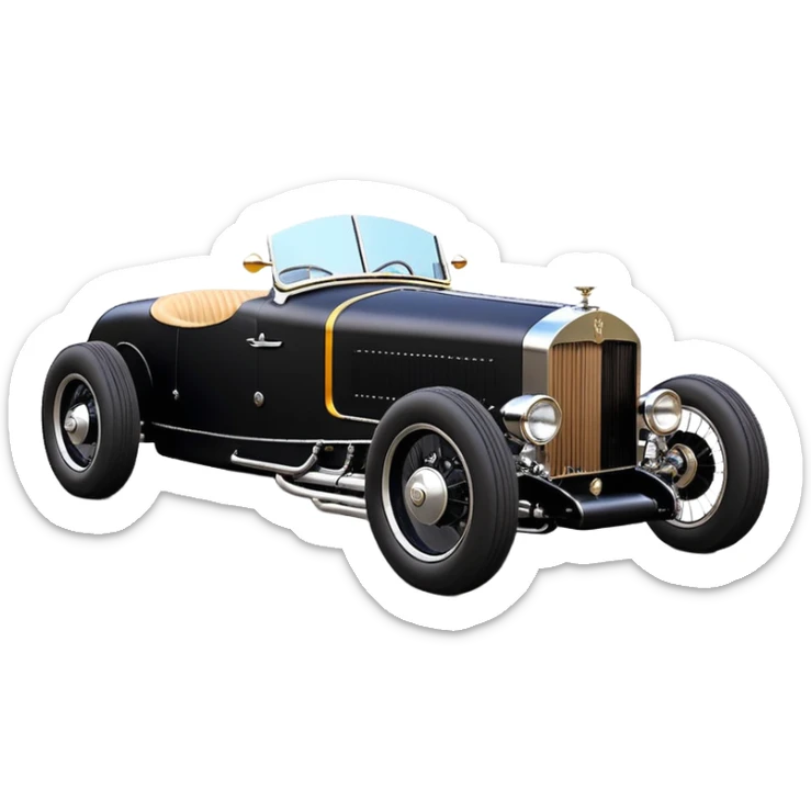 Batgirl’s black Bare bones (lowered bonneville cowl) drag racing modified (fenders removed) chopped streamlined sporty roadster that is a (stripped down) hot street rodded engine sports car 1932 Rolls Royce Woody futuristic  wide racing wheels that are held strong by advanced suspension and steering sticker