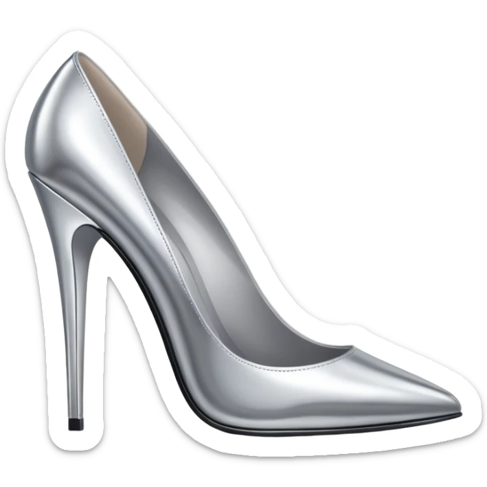 A pair of high heel shoes emoji made of polished silver chrome, elegant sharp silhouette, smooth metallic surface, glossy reflections, luxury sexy vibe, minimalistic iOS emoji style, centered, clean white background sticker